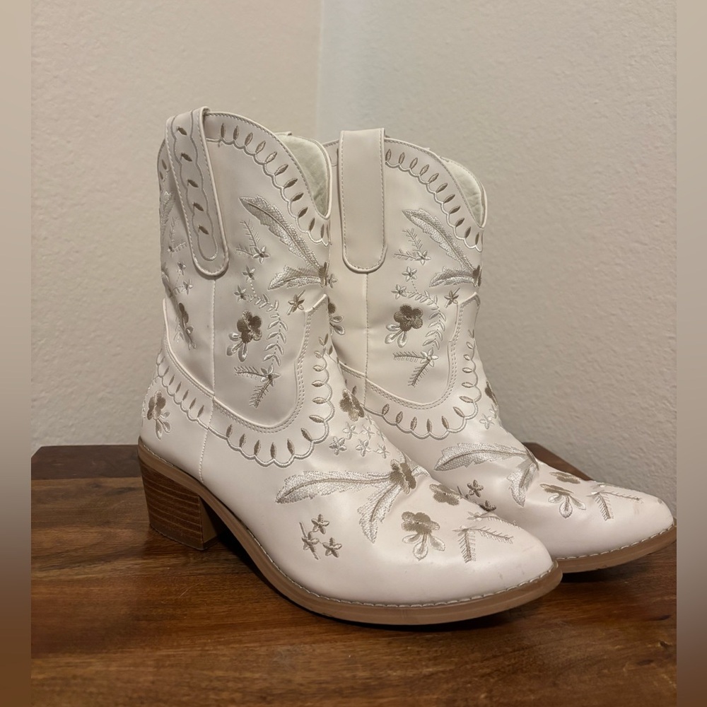White floral embroidered cowboy boots